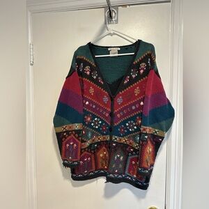 VTG 90s Ivy hand knit Sz:L patchwork colorful, abstract Cottagecore cardigan